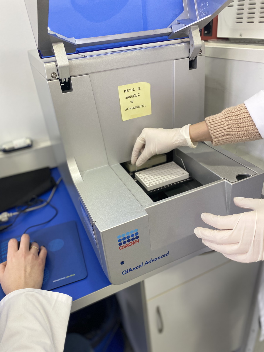 Imagen de personal de Ampligen trabajando con equipos dedicados al análisis de ADN